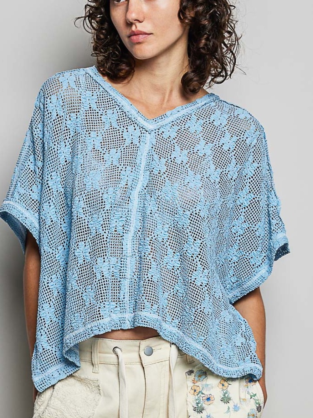 🩵Hello Gorgeous! POL CROCHET LACE Short Sleeve Top- Cornflower Blue